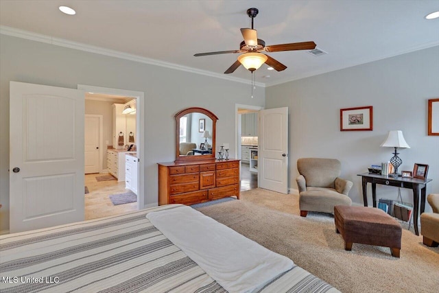 bedroom with light carpet, visible vents, ceiling fan, and ornamental molding