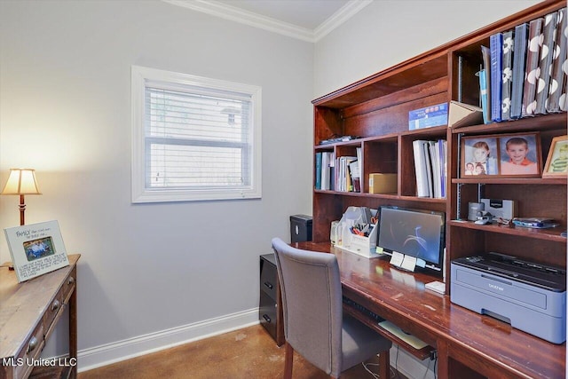 home office featuring crown molding and baseboards