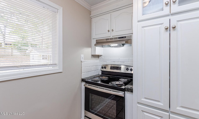 kitchen with extractor fan, stainless steel electric stove, white cabinets, and crown molding