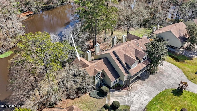 bird's eye view with a water view