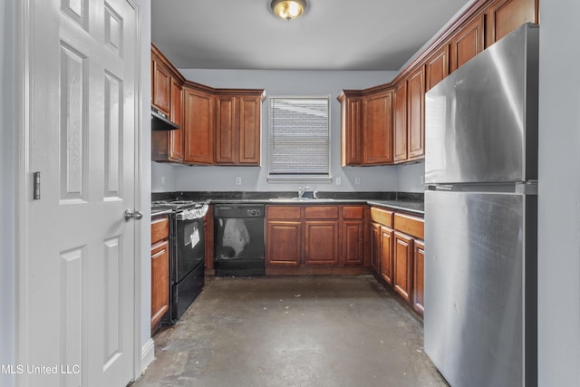 2948 Magnolia Ct, Gulfport, MS 39507 - kitchen with black appliances, concrete floors, dark countertops, under cabinet range hood, and a sink
