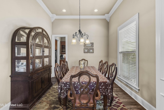 705 Brookwood Cir, Brandon, MS 39042 - dining room with a chandelier, crown molding, dark wood finished floors, baseboards, and recessed lighting