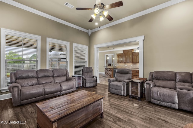 705 Brookwood Cir, Brandon, MS 39042 - living room featuring a ceiling fan, ornamental molding, dark wood-style floors, recessed lighting, and baseboards
