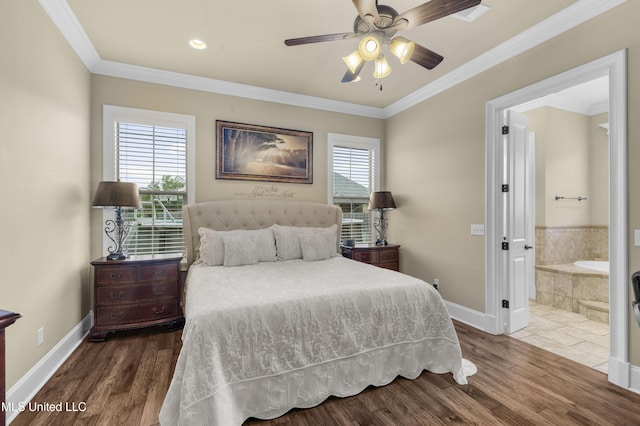 705 Brookwood Cir, Brandon, MS 39042 - bedroom featuring wood finished floors, baseboards, crown molding, ensuite bath, and a ceiling fan