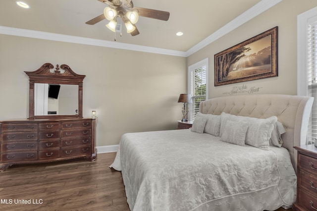 705 Brookwood Cir, Brandon, MS 39042 - bedroom featuring dark wood finished floors, recessed lighting, crown molding, baseboards, and ceiling fan