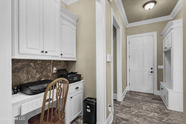 705 Brookwood Cir, Brandon, MS 39042 - laundry area featuring crown molding, a desk, and baseboards