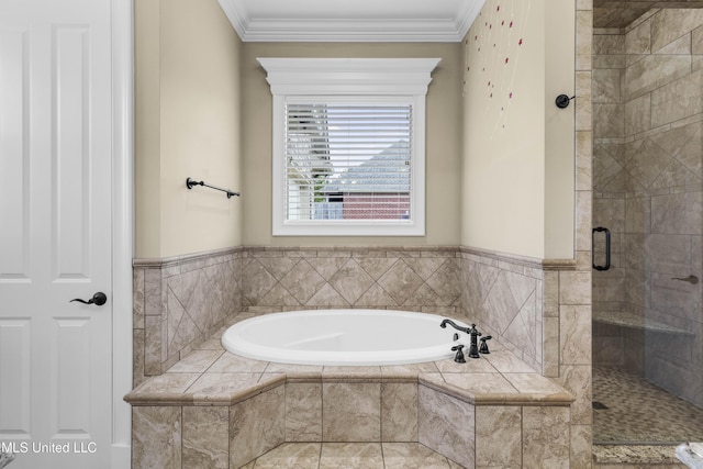 705 Brookwood Cir, Brandon, MS 39042 - bathroom with a garden tub, a shower stall, and ornamental molding