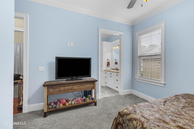 705 Brookwood Cir, Brandon, MS 39042 - bedroom featuring ornamental molding, carpet, baseboards, ceiling fan, and connected bathroom