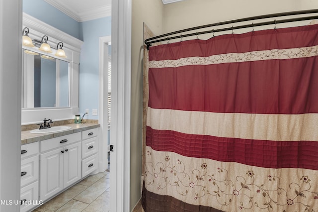 705 Brookwood Cir, Brandon, MS 39042 - bathroom featuring ornamental molding, vanity, and a shower with shower curtain