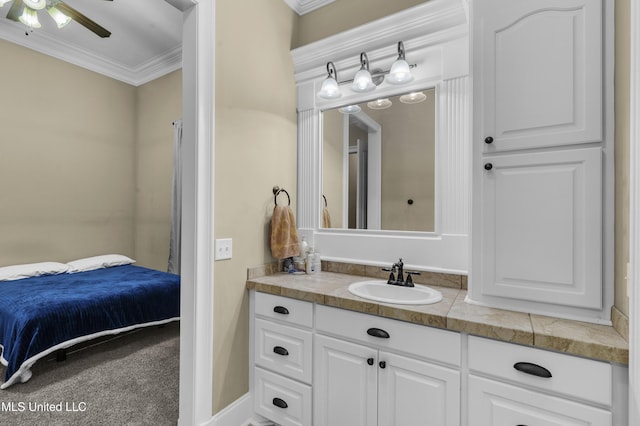 705 Brookwood Cir, Brandon, MS 39042 - bathroom featuring vanity, connected bathroom, crown molding, and a ceiling fan