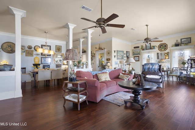 living room with ornate columns, crown molding, ceiling fan, and dark hardwood / wood-style floors