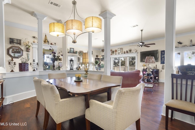 dining room featuring crown molding, ceiling fan, plenty of natural light, and dark wood-type flooring