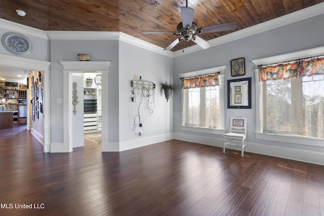 empty room with dark hardwood / wood-style floors, wood ceiling, and ornamental molding