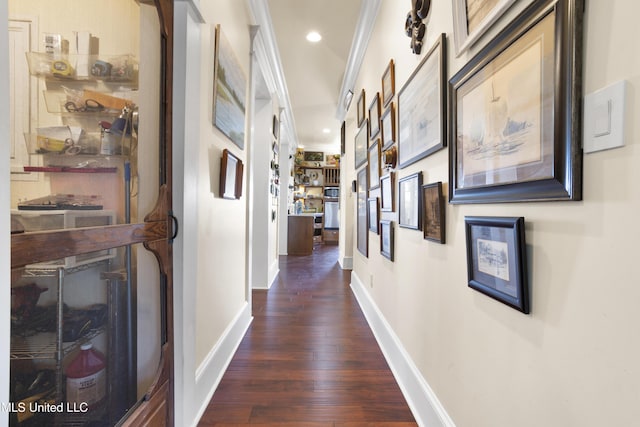 corridor with crown molding and dark hardwood / wood-style flooring