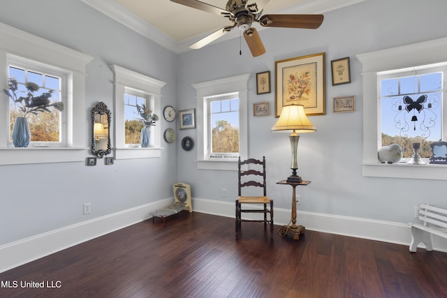 living area featuring plenty of natural light, dark hardwood / wood-style flooring, and ornamental molding