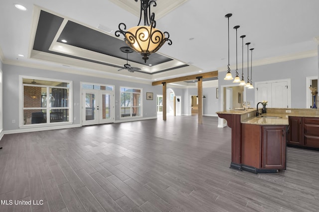 kitchen with a tray ceiling, dark wood-style flooring, ornamental molding, a sink, and open floor plan