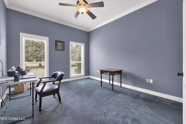 office space with dark carpet, baseboards, a ceiling fan, and crown molding