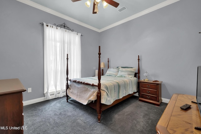 carpeted bedroom with visible vents, a ceiling fan, crown molding, and baseboards