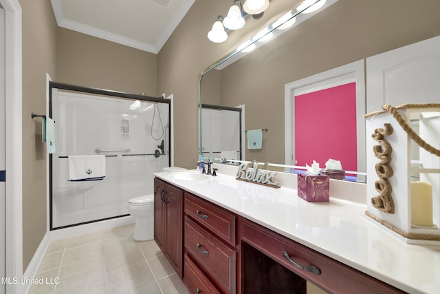 full bath featuring toilet, ornamental molding, a shower stall, tile patterned flooring, and vanity