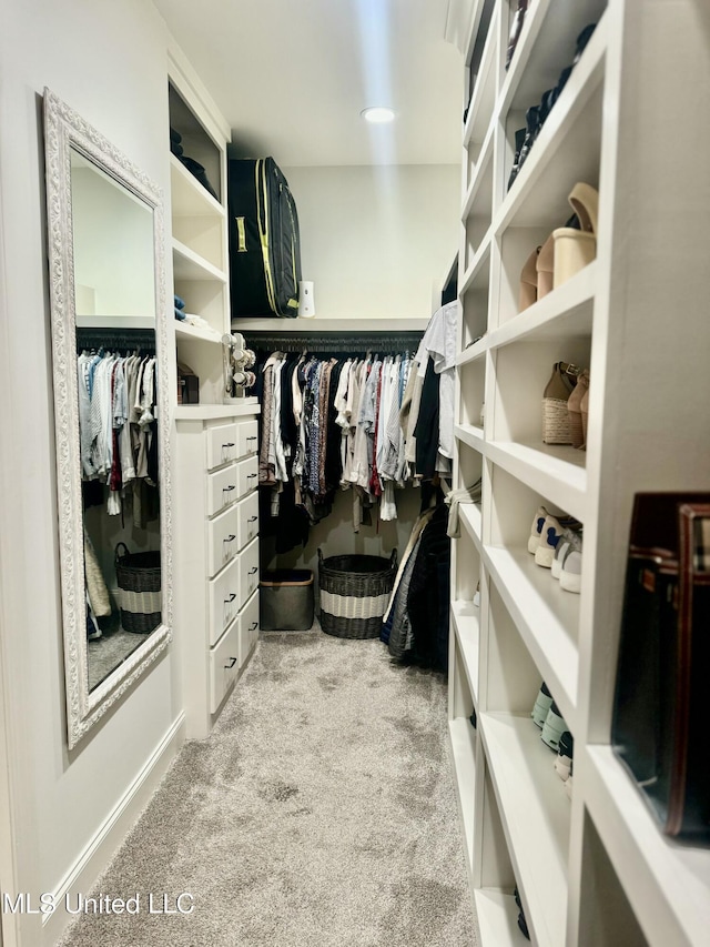 walk in closet featuring light colored carpet