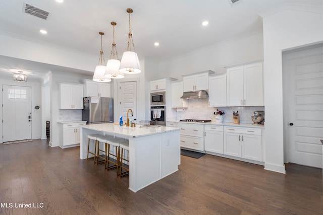 kitchen featuring visible vents, a breakfast bar, under cabinet range hood, dark wood-style floors, and stainless steel appliances