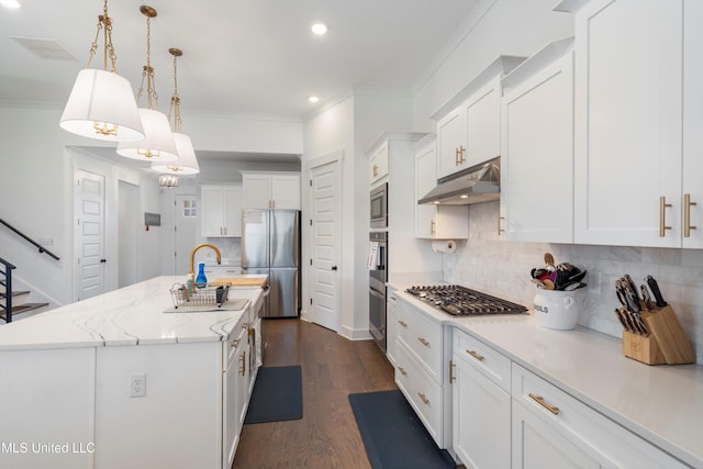 kitchen featuring crown molding, under cabinet range hood, dark wood finished floors, white cabinets, and stainless steel appliances