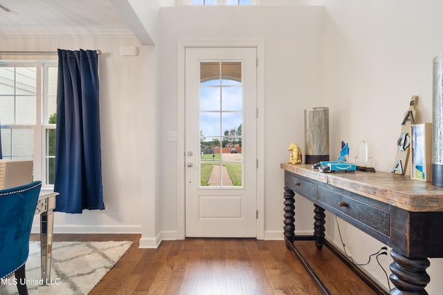 entryway featuring crown molding, dark hardwood / wood-style flooring, and a wealth of natural light