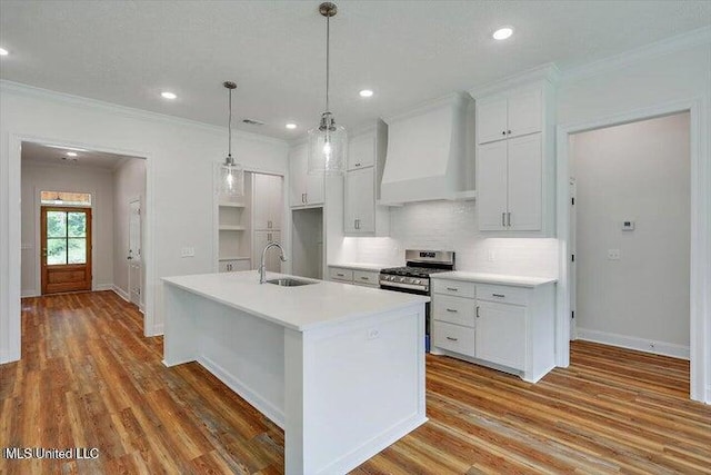 kitchen with a center island with sink, sink, white cabinetry, custom range hood, and wood-type flooring