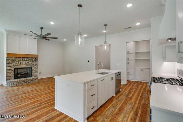 kitchen featuring light hardwood / wood-style floors, white cabinets, sink, a kitchen island with sink, and ceiling fan