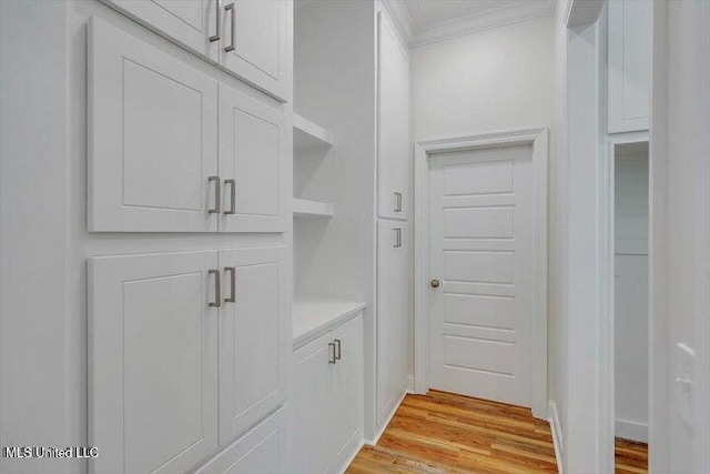 interior space featuring light wood-type flooring and crown molding