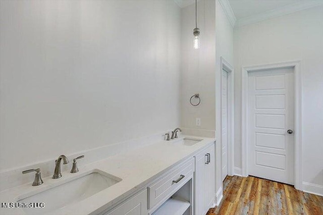 bathroom with vanity, wood-type flooring, and ornamental molding