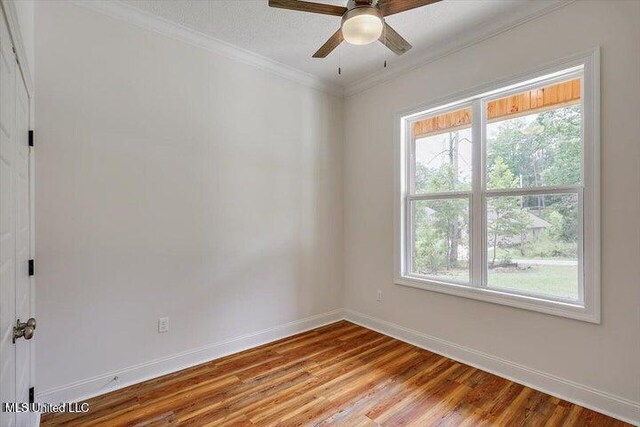 spare room with light hardwood / wood-style flooring, crown molding, ceiling fan, and plenty of natural light