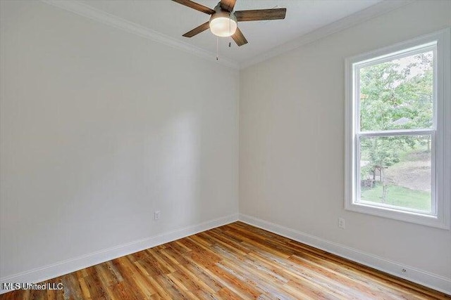 spare room featuring ceiling fan, light hardwood / wood-style flooring, and ornamental molding