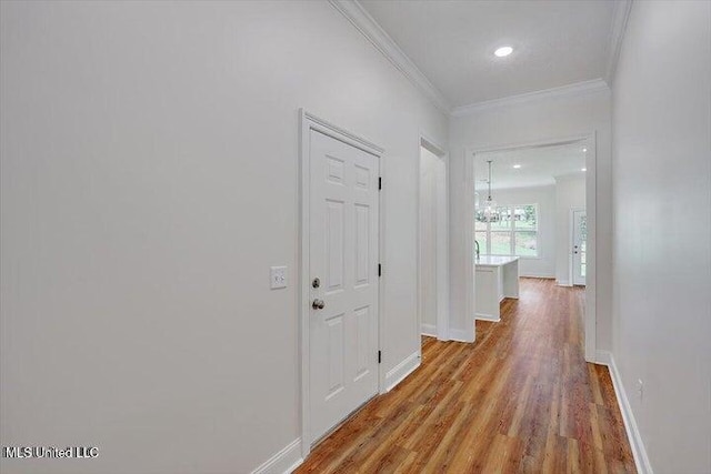 hall featuring a notable chandelier, light hardwood / wood-style flooring, and ornamental molding