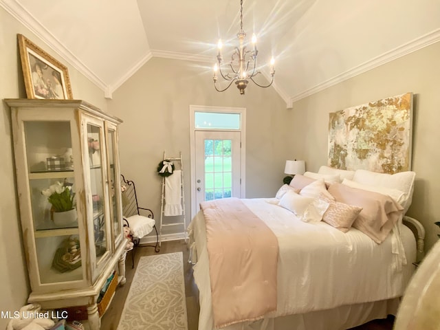 bedroom with ornamental molding, a chandelier, access to outside, vaulted ceiling, and wood finished floors