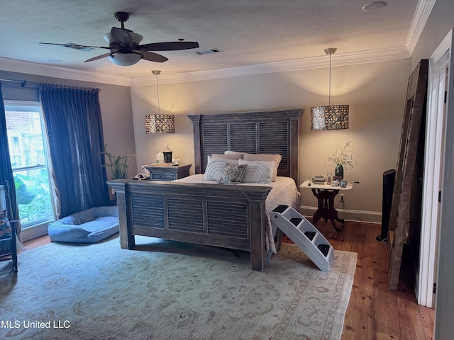 236 Sawbridge Dr, Ridgeland, MS 39157 - bedroom featuring wood-type flooring, crown molding, baseboards, and ceiling fan