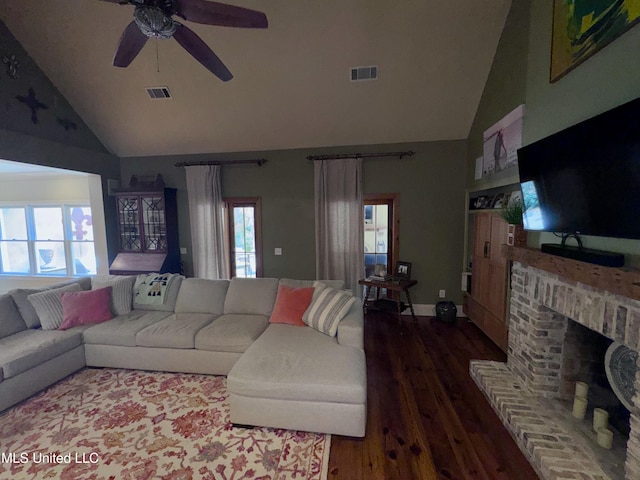 236 Sawbridge Dr, Ridgeland, MS 39157 - living room featuring high vaulted ceiling, dark wood finished floors, ceiling fan, and a fireplace