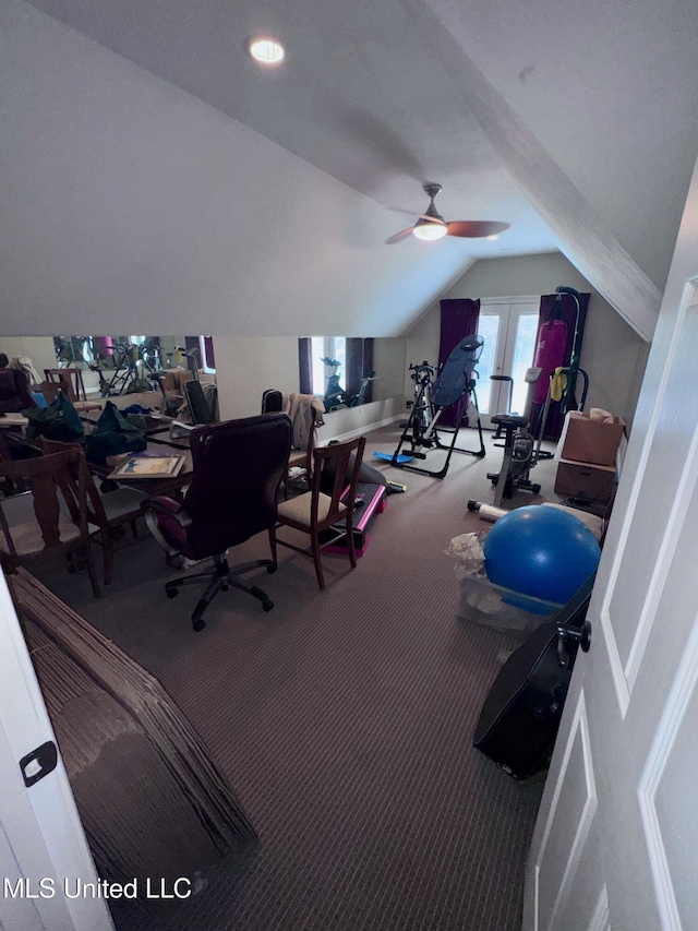 236 Sawbridge Dr, Ridgeland, MS 39157 - office space featuring lofted ceiling, ceiling fan, carpet, and french doors
