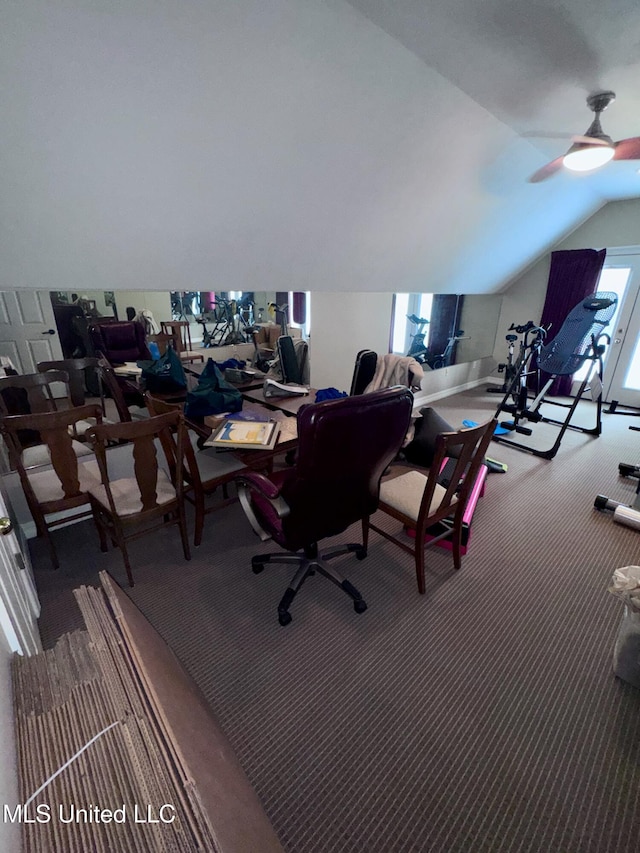 236 Sawbridge Dr, Ridgeland, MS 39157 - home office with carpet floors, lofted ceiling, and a ceiling fan