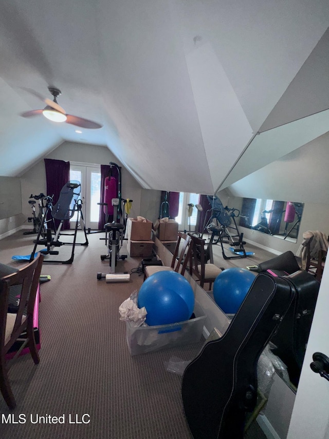 236 Sawbridge Dr, Ridgeland, MS 39157 - workout area featuring carpet flooring, vaulted ceiling, and ceiling fan
