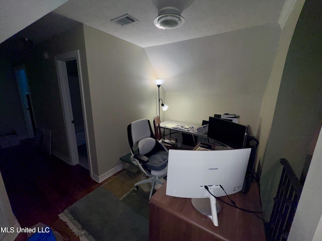 236 Sawbridge Dr, Ridgeland, MS 39157 - office area with lofted ceiling, wood finished floors, and baseboards