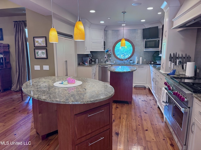 236 Sawbridge Dr, Ridgeland, MS 39157 - kitchen featuring a kitchen island, stainless steel appliances, premium range hood, hardwood / wood-style flooring, and tasteful backsplash