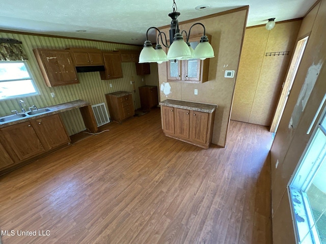 kitchen featuring crown molding, sink, an inviting chandelier, and hardwood / wood-style floors