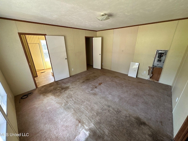 unfurnished room featuring ornamental molding, carpet, and a textured ceiling