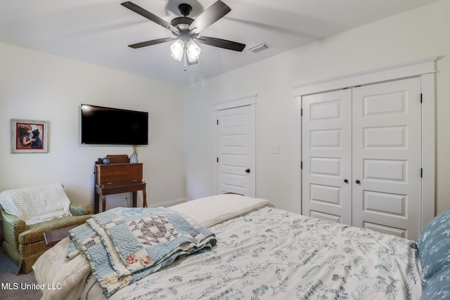 bedroom featuring a closet, visible vents, and a ceiling fan