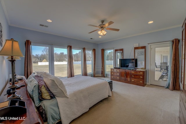 bedroom with access to exterior, multiple windows, ornamental molding, and ceiling fan