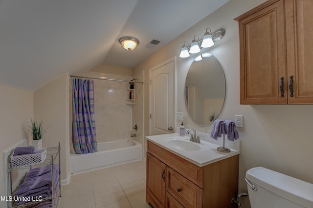 full bathroom with shower / bath combination with curtain, tile patterned floors, vanity, toilet, and lofted ceiling