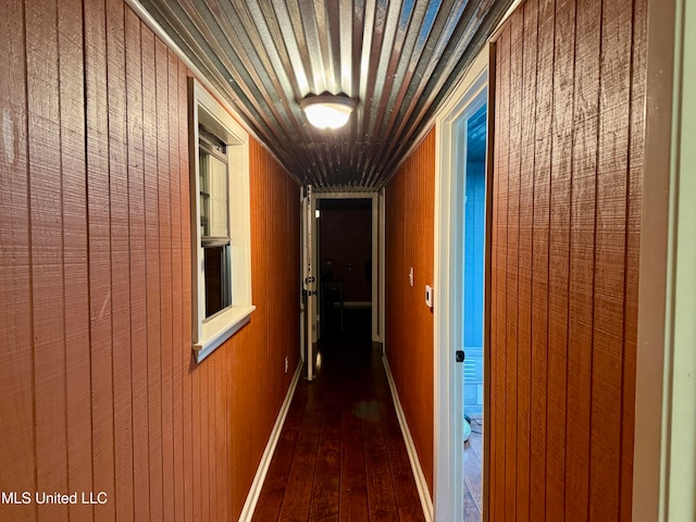 hall with wood walls and dark hardwood / wood-style flooring