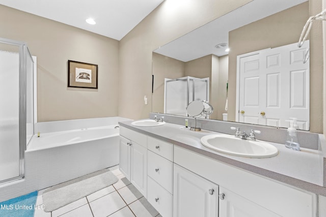 bathroom with vanity, independent shower and bath, and tile patterned floors