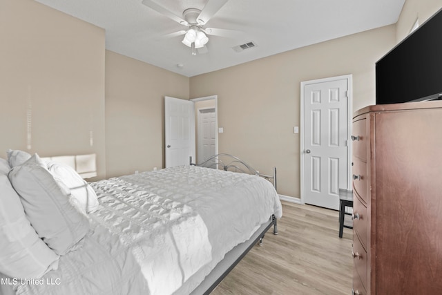 bedroom with light hardwood / wood-style floors and ceiling fan